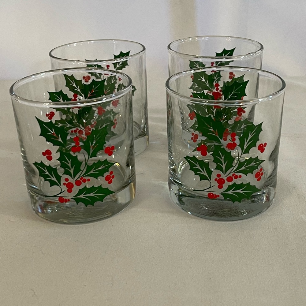 Vintage Indiana Glass Holly Berry Old Fashioned Glass ~Set of 4
